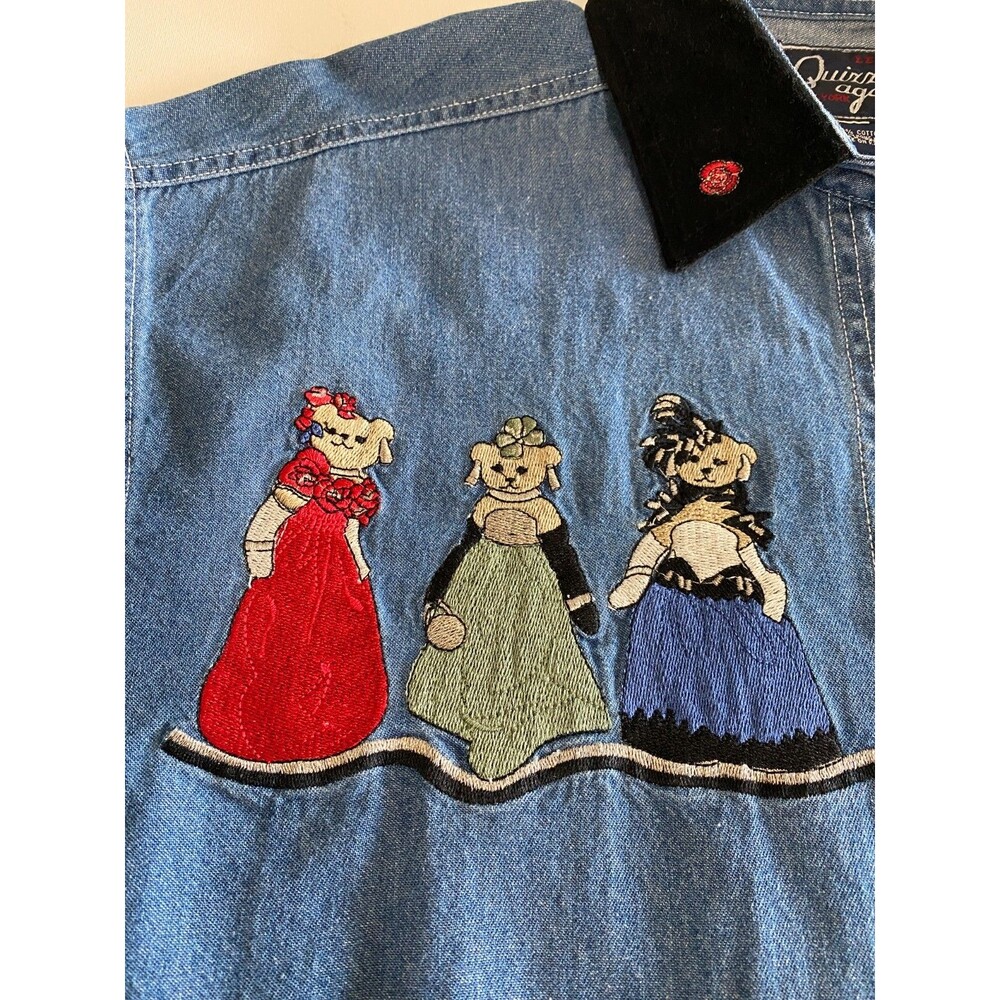 Quizz Again NY Women's Long Sleeve Shirt L Velvet Collar Embroider Bear Denim‎ - Picture 5 of 9